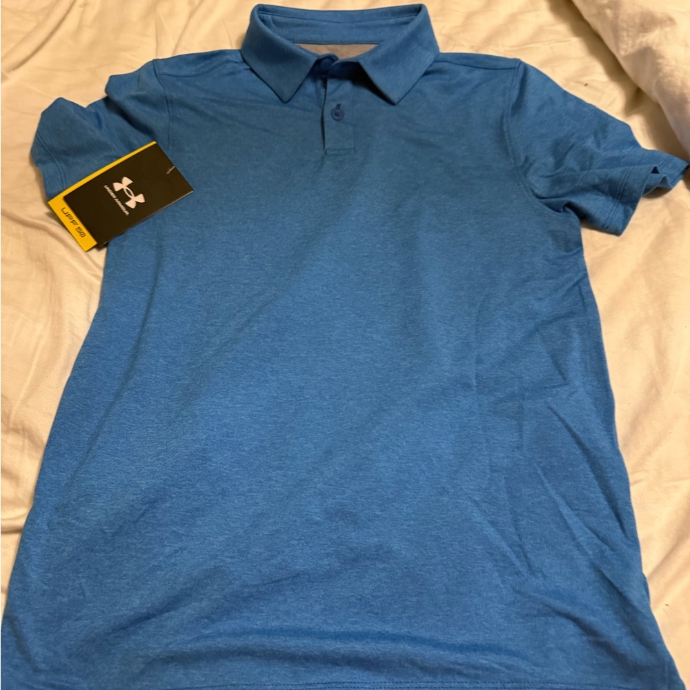 Under Armour Solid Blue Polo Shirt Youth Medium UPF 50 Sun Block New